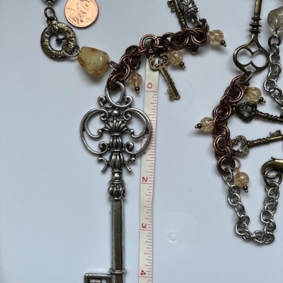 TRESKA Long Necklace Boho Bronze Color Copper Tone Silver Tone Brown Key Cord - Picture 6 of 6